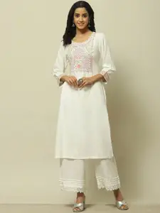 Rangriti Floral Yoke Design Round Neck Thread Work A-Line Kurta