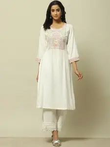 Rangriti Floral Yoke Design Round Neck Thread Work A-Line Kurta