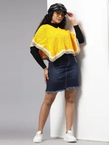 Velvery Self Design V Neck Acrylic Crop Poncho