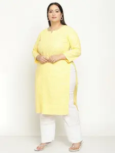 QUEENLEY Plus Size Ethnic Motifs Embroidered Chikankari Cotton Straight Kurta