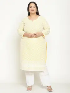 QUEENLEY Plus Size Ethnic Motifs Embroidered Chikankari Straight Kurta