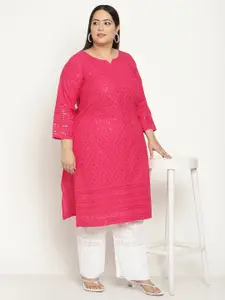 QUEENLEY Plus Size Floral Embroidered Sequinned Straight Chikankari Kurta