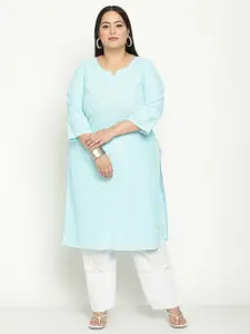 QUEENLEY Plus Size Floral Embroidered Chikankari Straight Kurta