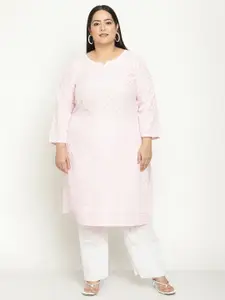 QUEENLEY Plus Size Embroidered Chikankari Straight Kurta