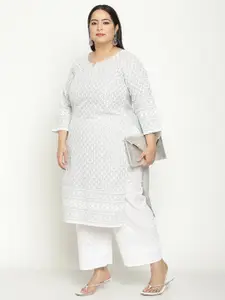 QUEENLEY Plus Size Ethnic Motifs Embroidered Chikankari Kurta