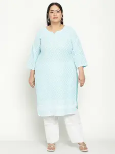 QUEENLEY Plus Size Floral Embroidered Chikankari Straight Kurta
