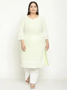 QUEENLEY Plus Size Ethnic Motifs Embroidered Chikankari Cotton Straight Kurta
