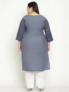 QUEENLEY Plus Size Ethnic Motifs Embroidered Chikankari Cotton Straight Kurta