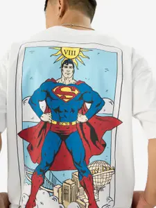 The Souled Store White Superman Printed Drop-Shoulder Sleeves Cotton Oversized T-shirt