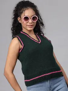 Velvery Open Knit Self Design V Neck Acrylic Sweater Vest