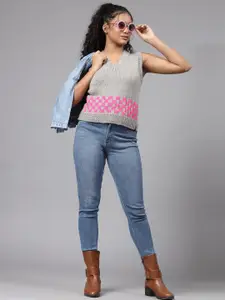 Velvery Open Knit Self Design V Neck Acrylic Sweater Vest