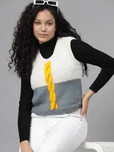 Velvery Cable Knit Self Design Sweater Vest