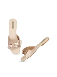 DressBerry Champange Bow Detailed Open Toe Flats
