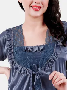 Be You Floral Lace Shoulder Straps Satin Maxi Nightdress With Robe