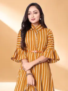 Anouk Striped Bell Sleeves Gown With Belt Midi Dress