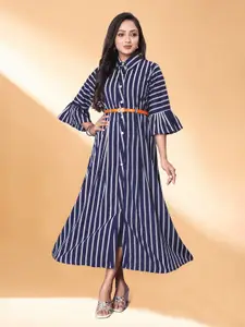Anouk Striped Bell Sleeves Gown With Belt Midi Dress