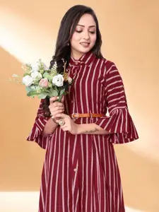 Anouk Striped Bell Sleeve Crepe Gown With Belt Midi Dress