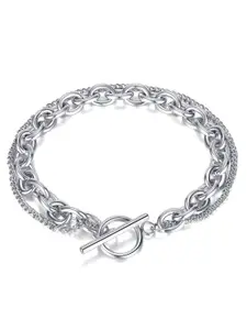 Peora Men Silver-Plated Stainless Steel American Diamond Studded Link Bracelet