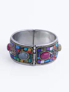 PANASH Silver-Plated Oxidised Multicolor Stone Studded Kada Bracelet