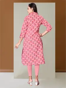 Anouk Pink Floral Printed Mandarin Collar Roll-Up Sleeves Straight Kurta