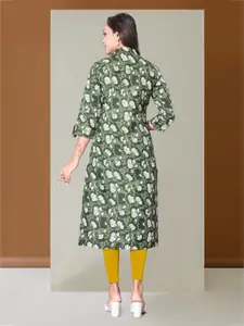 Anouk Green Floral Printed Mandarin Collar Roll-Up Sleeves Straight Kurta
