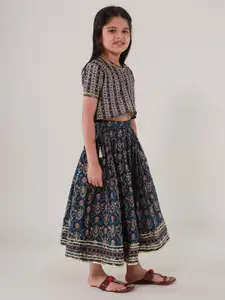 Sangria Girls Navy Blue Printed Cotton Lehenga With Choli