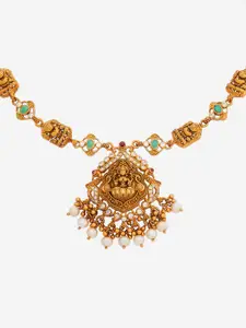 Kushal's Fashion Jewellery 92.5 Pure Silver Gold-Plated Stone Studded Temple Necklace