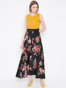 Deewa Floral Printed Round Neck Crepe Maxi Dress