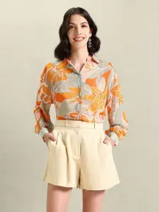 U.S. Polo Assn. Women Floral Printed Shirt Collar Cuffed Sleeve Shirt Style Top