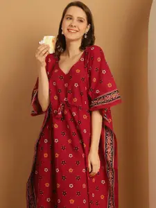 Secret Wish Plus Size Floral Printed V-Neck Pure Cotton Maxi Kaftan Nightdress