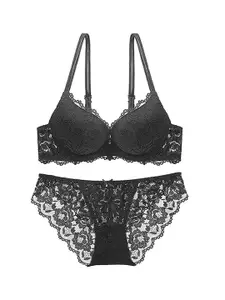 BRACHY Self Design Lace Heavily Padded Push Up Bra With Low-Rise Brief