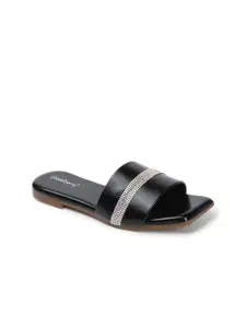 DressBerry Black Embellished Open Toe Flats