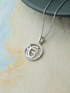 MANNASH 925 Sterling Silver Rhodium-Plated CZ-Studded Ek Onkar Pendants With Chains