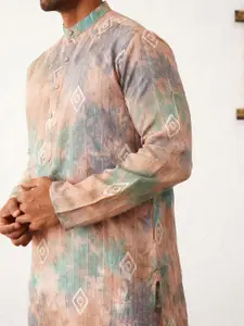 Jompers Tie & Dyed Sequinned Mandarin Collar Cotton Silk Straight Kurta