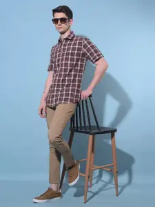 Crimsoune Club Classic Checked Printed Spread Collar Cotton Curved Slim Fit Casual Shirt