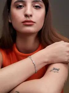 MINUTIAE Women Brass Crystal Studded Silver-Plated Link Bracelet