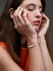 MINUTIAE Silver-Plated Brass Crystals Stone Studded Cuff Bracelet