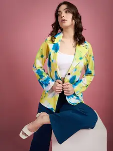 DressBerry Yellow Printed Notched Lapel Single-Breasted Blazer