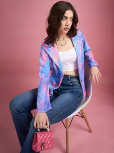 DressBerry Blue Printed Notched Lapel Twill Single-Breasted Blazer