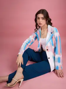 DressBerry White Printed Notched Lapel Twill Single-Breasted Blazer