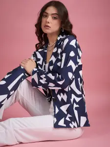 DressBerry Navy Blue Geometric Printed Notched Lapel Twill Single Breasted Blazer