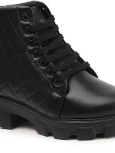 VENDOZ Women Textured Block Heel Lace-Up Boots