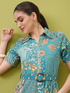 Vishudh Floral Print Short Sleeves Shirt Collar Cotton Shirt Midi Dress