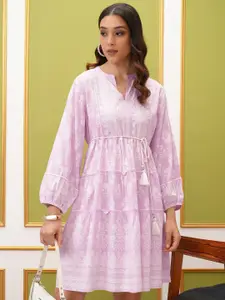 Vishudh Printed Puff Sleeve Mandarin Collar Empire Midi Dress