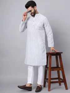 Latest Chikan Garments Striped Mandarin Collar Long Sleeves Cotton Kurta