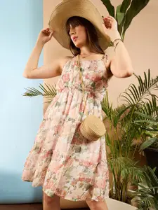 SASSAFRAS Floral Printed Shoulder Strap Ruffled Fit & Flare Dress