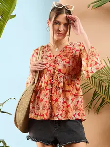 SASSAFRAS Floral Print Flared Sleeve Ruffled Peplum Top