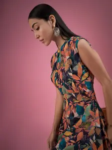 DressBerry Navy Blue Floral Printed Gathered Detailed Fit & Flare Midi Dress