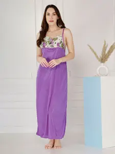 Be You Floral Printed Shoulder Straps Satin Maxi Nightdress With Robe