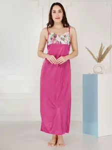 Be You Floral Printed Shoulder Straps Satin Maxi Nightdress With Robe